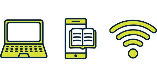 Logo with phone and book, wi fi, and laptop icons.