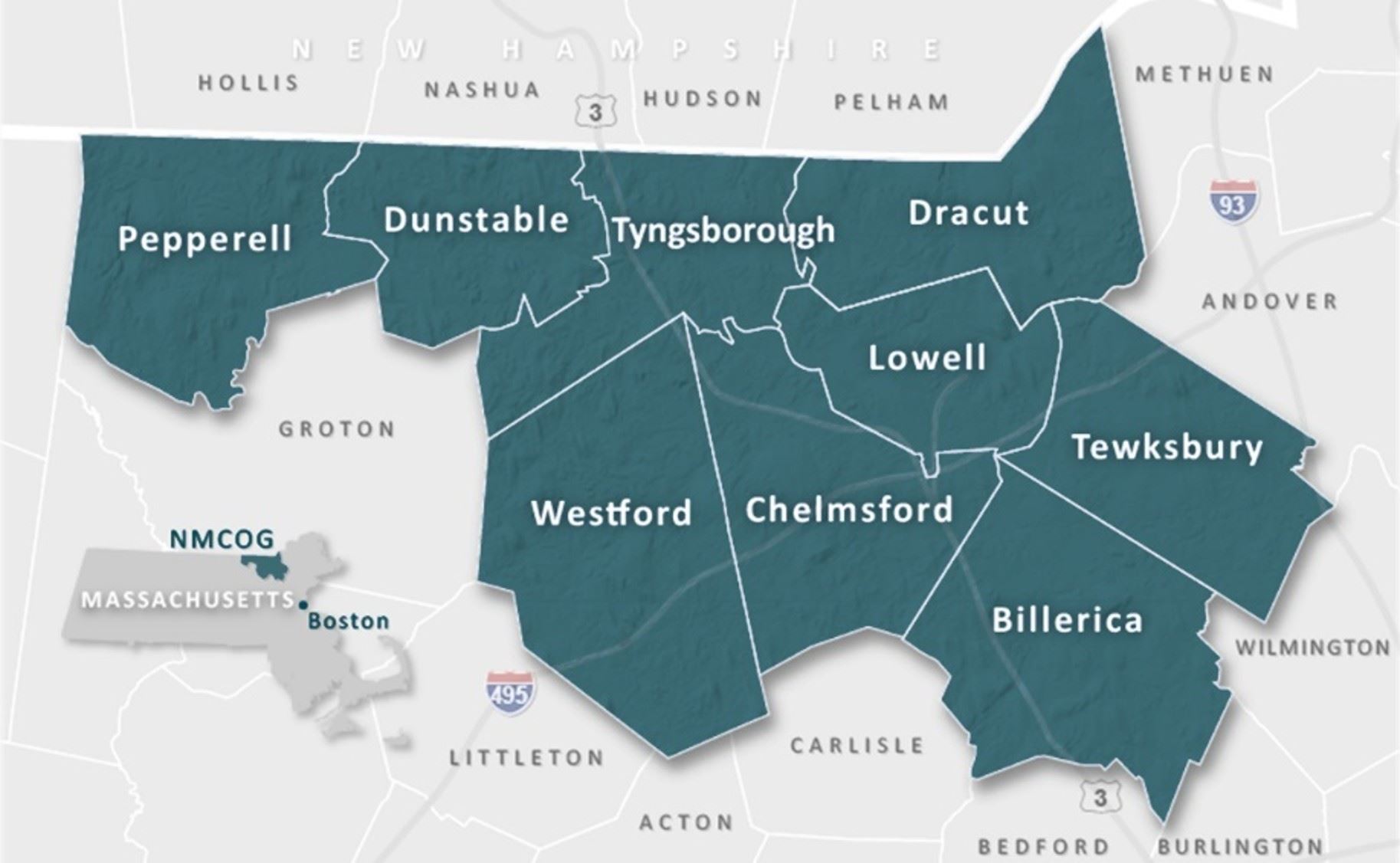 Map showing the nine communities in the Greater Lowell region served by NMCOG