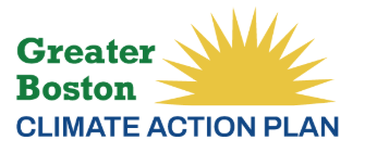 Greater Boston Climate Action Plan Logo, Green and blue text with rising yellow sun